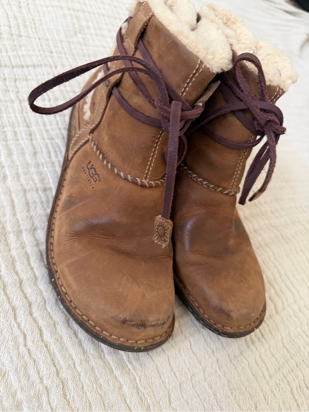 UGG Chestnut Brown Leather Shearling Lace-Up Ankle Boots